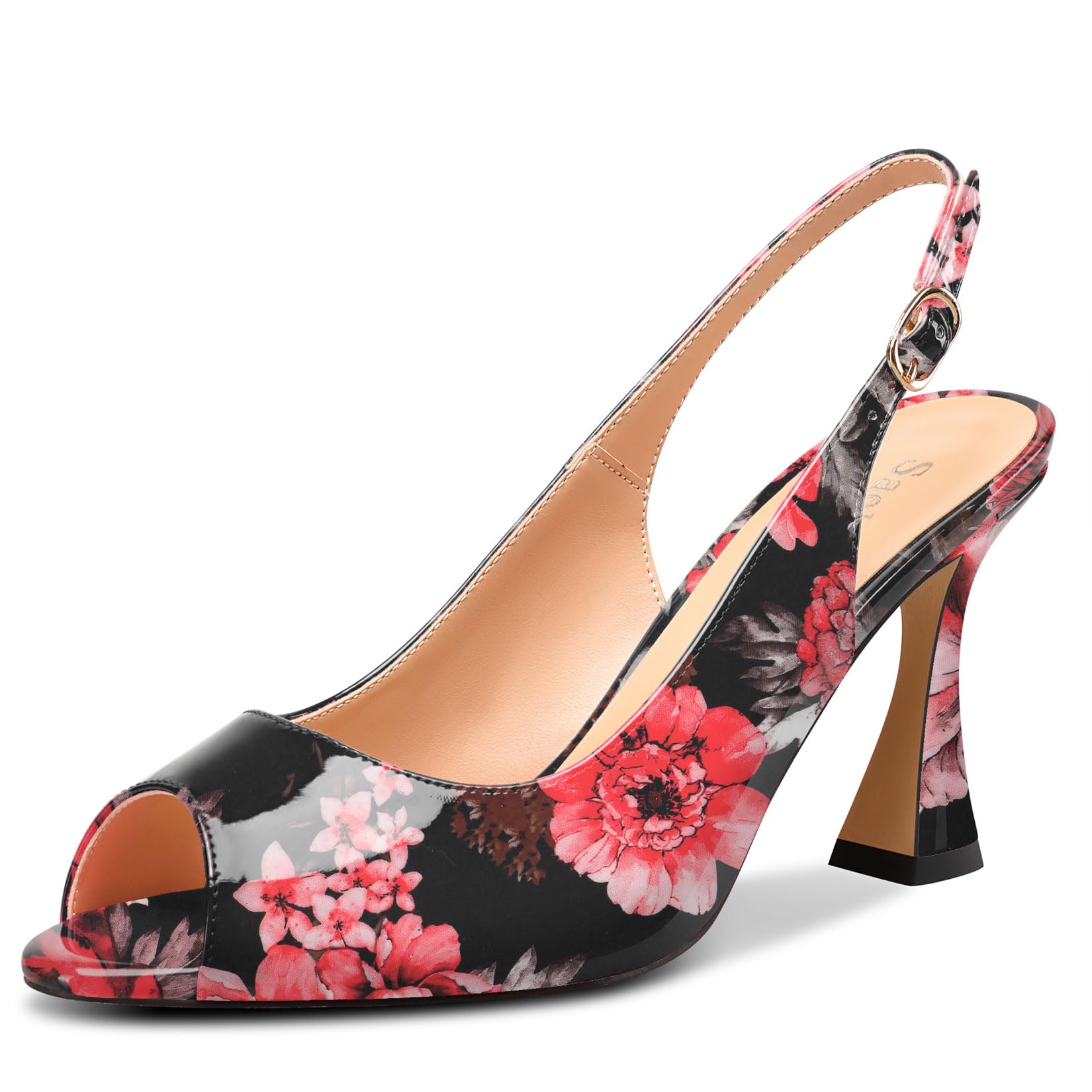 Saekcted Women's Mid Heel Open Toe Pumps Sandals Ankle Strap Slingback Slip-on B