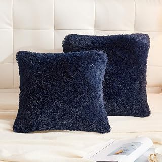 LIFEREVO Fluffy Faux Fur Throw Pillow Covers Pack of 2, Navy Blue