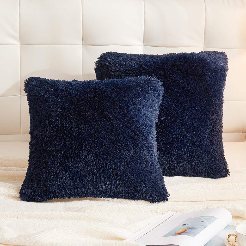 LIFEREVO Fluffy Faux Fur Throw Pillow Covers Pack of 2, Navy Blue