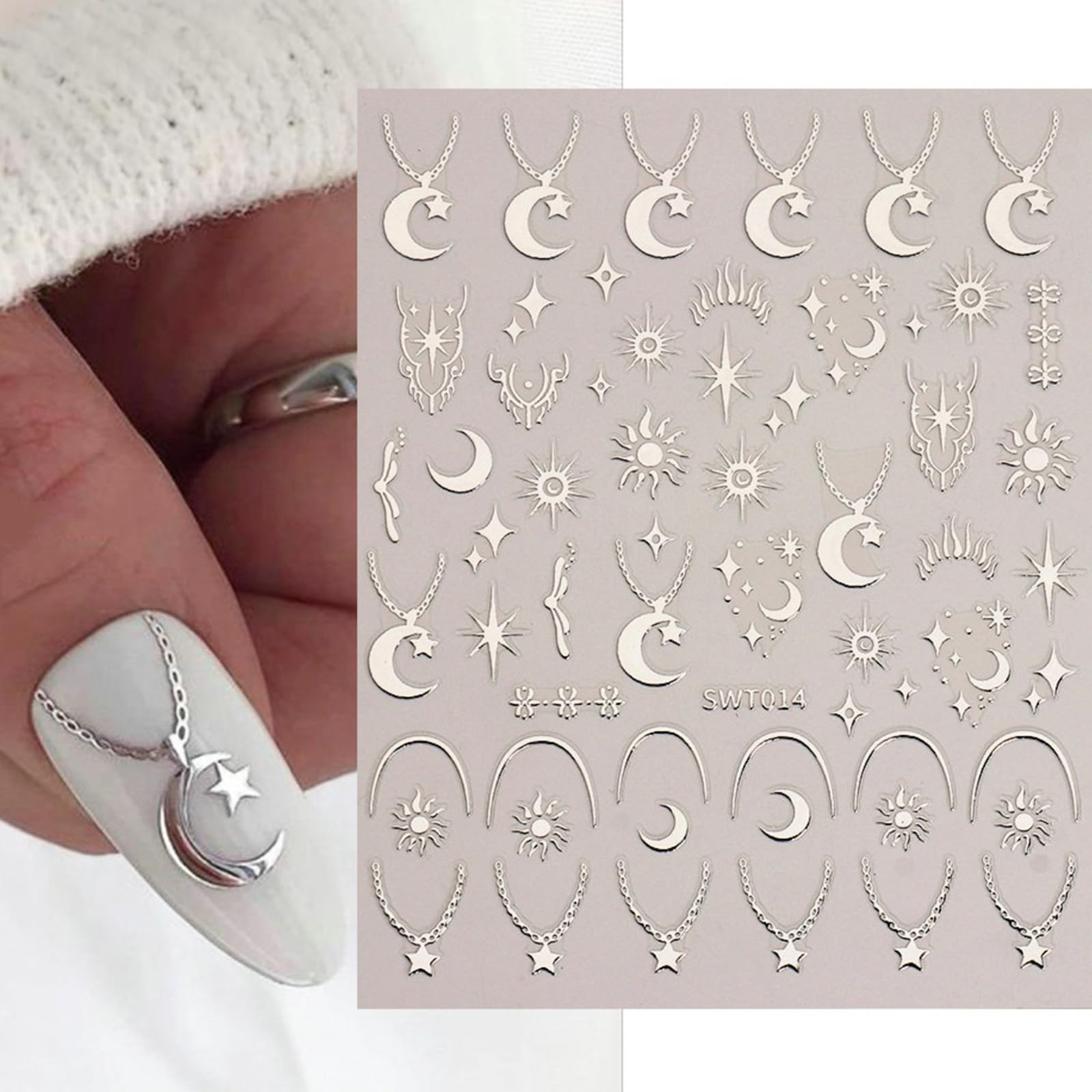 Metallic Moon and Stars Nail Stickers, Self Adhesive Chain Design Nail Art Decal
