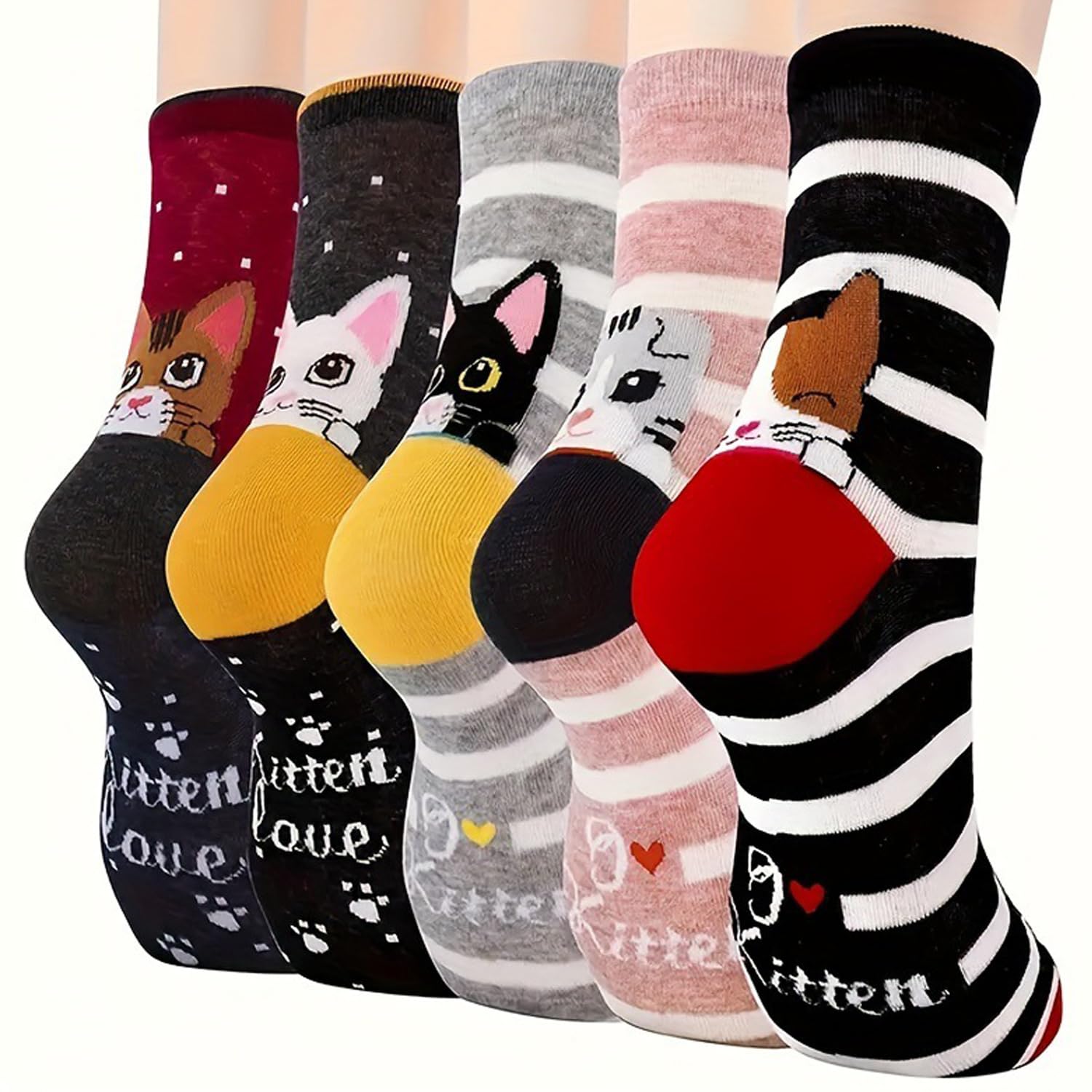 5 Pairs Cartoon Cat Pattern Elastic Socks for Women Comfortable Sweat Absorbing 