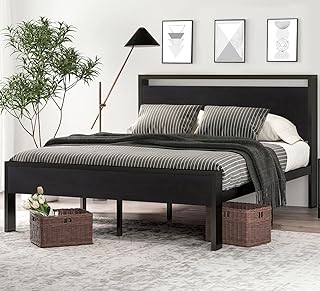 SHA CERLIN 14 Inch Queen Size Metal Platform Bed Frame with Wooden Headboard and Footboard, Mattress Foundation, No Box Spring Needed, Large Under Bed Storage, Non-Slip Without Noise, Black Oak