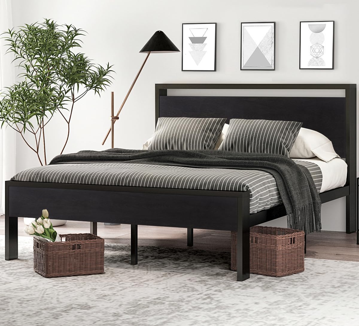 SHA CERLIN 14 Inch Queen Size Metal Platform Bed Frame with Wooden Headboard and