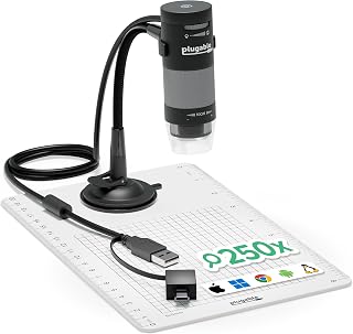 Plugable USB Digital Microscope 250x, 2MP Micro Camera, Flexible Arm Stand | Handheld USB & USB-C Microscope for Windows, Mac, ChromeOS, Linux, Android, iPad Compatible