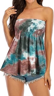 Women Strapless Smocked Top Soft Elastic Pleated Tank Top Sexy Sleeveless Loose Summer Tank Top Tunic Top