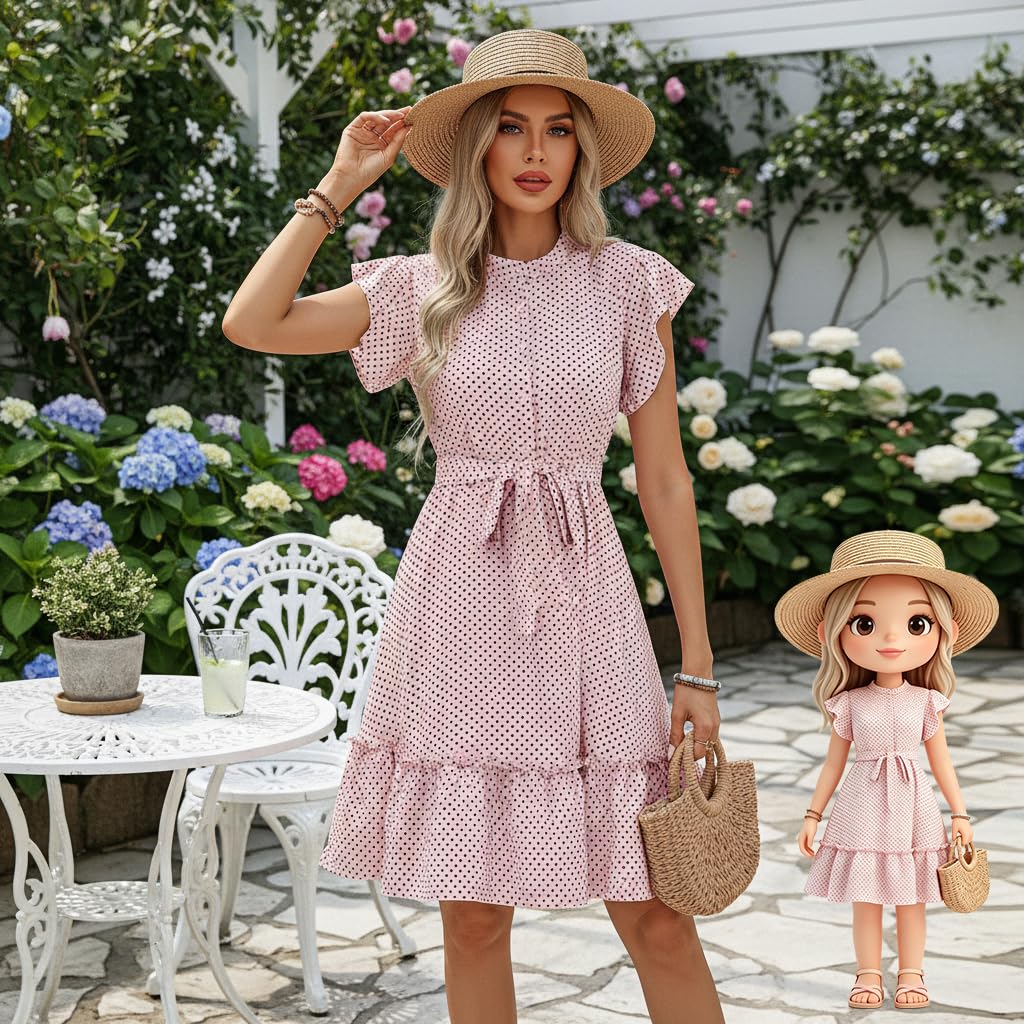 Polka Dot Dress for Women Ruffle Short Sleeve Button Front Tie Waist A-Line Dres