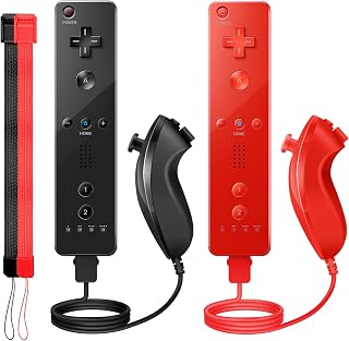 PGYFDAL Wii Controller 2 Pack, Wii Remote Controller and Nunchuck Joystick with Silicone Case and Wrist Strap for Holiday (Black and Red)