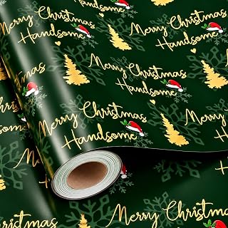 Burymento Green Christmas Wrapping Paper for Men, Gold Foil Merry Christmas Handsome Gift Wrapping Paper, Luxury Xmas Tree & Santa Hat Holiday Gift Wrap for Present Packaging, (17 Inch X 33Feet)