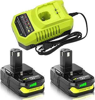 2-Pack 18V 4000mAh P108 Replacement for Ryobi 18V Battery and P117 Charger | Compatible with Ryobi 18 Volt Lithium Battery P102 P103 P104 P105 P107 P109 P108 P190 P122 Cordless Power Tools (Green)