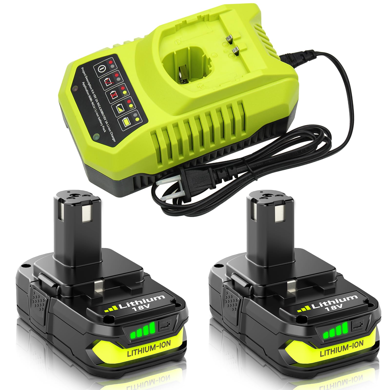 2-Pack 18V 4000mAh P108 Replacement for Ryobi 18V Battery and P117 Charger | Com