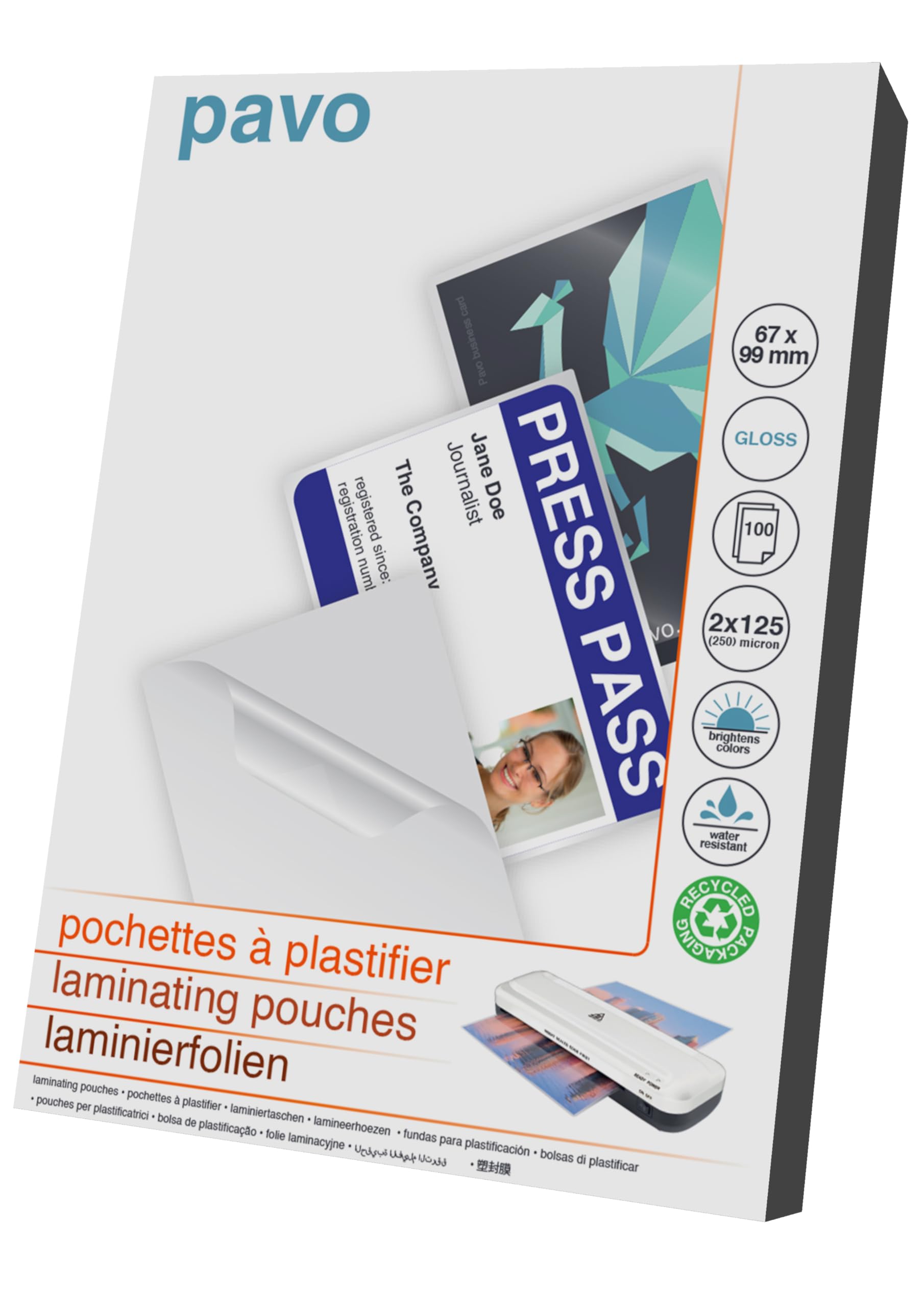 Pavo - Lamination Sheet Format: 67 x 99 mm 2 x 125 mic, 100 Pieces - Glossy