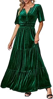 Amegoya Women's Short Sleeve V Neck Formal Wedding Guest Maxi Dresses Spring Fall Evening Party Long Dresses