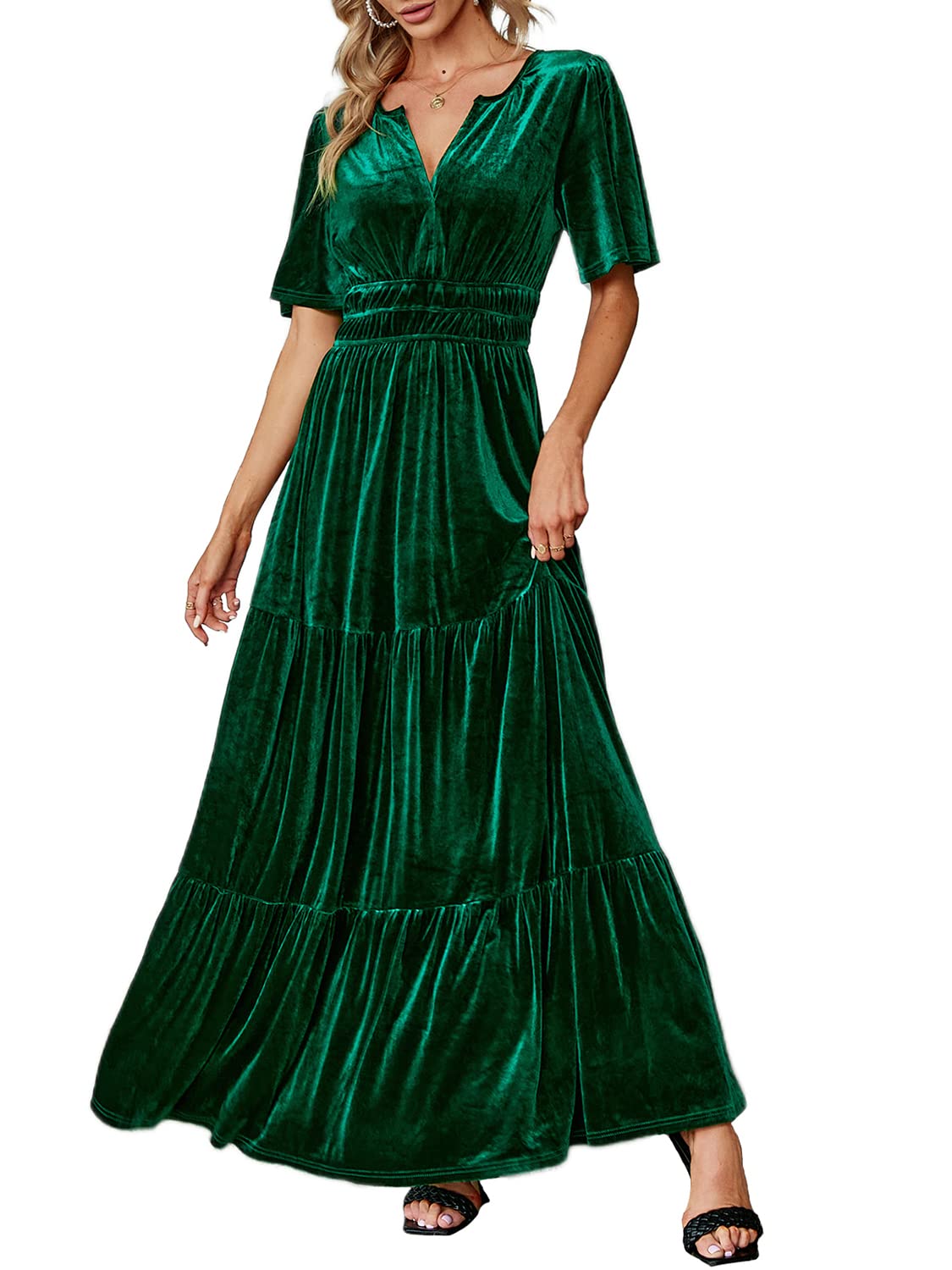 Amegoya Women's Short Sleeve V Neck Formal Wedding Guest Maxi Dresses Spring Fal