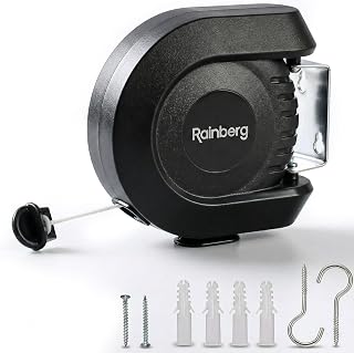 Rainberg 15m Single Retractable Washing Line | Strong and Durable Holds up to 15KG | Extendable Clothes Line, Automatic Retraction, Wall-Mounted | Space-Saving, PVC-Coated, Indoor & Outdoor Use, Black
