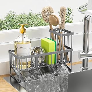 Sponge Holder for Kitchen Sink, Sink Caddy with Removable Brush Holder, Stainless Steel Self Draining Sponge Caddy for Sponges, Soaps, Dish Brushes, Scrubbers, Grey