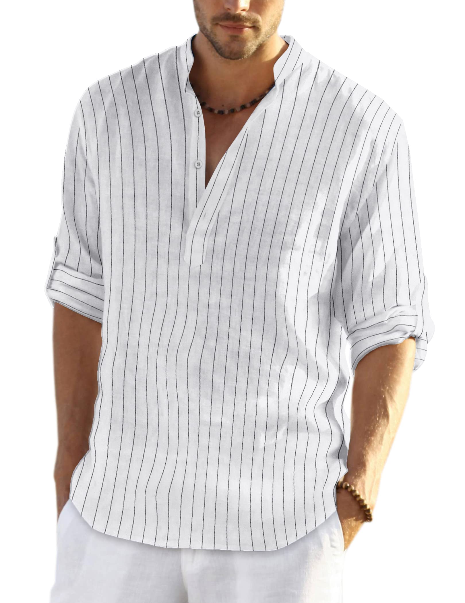 COOFANDY Men's Long Sleeve Henley Shirt Linen Shirt Cotton Casual Summer Shirt R