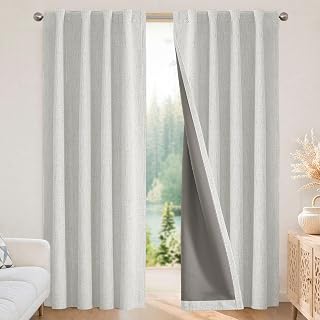 Joydeco 100% Black Out Curtains 63 inch Long 2 Panels Burg Natural Blackout Linen Drapes for Bedroom Living Room Darkening Curtain Thermal Insulated Back tab Rod Pocket(52x63 inch,Greyish White)