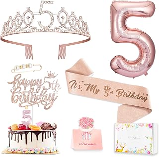 5th Birthday Decorations for Girls | 5 year old Birthday Decorations Girl, Birthday Card, Cake Topper, Sash, Tiara, Candles & Balloons,10pcs Set, Rose Gold
