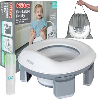 Nuby Go Potty 2-in-1 Adaptable Portable Travel Potty &amp; Training Seat | With 20 Disposable Bags, At-Home or On-the-Go Potty for Toddler Toilet Training with Detachable Legs and Splash Guard, 18M+