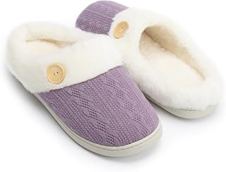 Chantomoo Women Slippers Comfortable Memory Foam Plush Bedroom Faux Fur Lined Knitted Warm Slippers Slip-on Shoes Lightweight Indoor Outdoor Rubber Sole