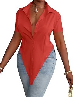LYANER Women's Collar V Neck Button Front Short Sleeve Slit Hem Long Shirt Blouse Top