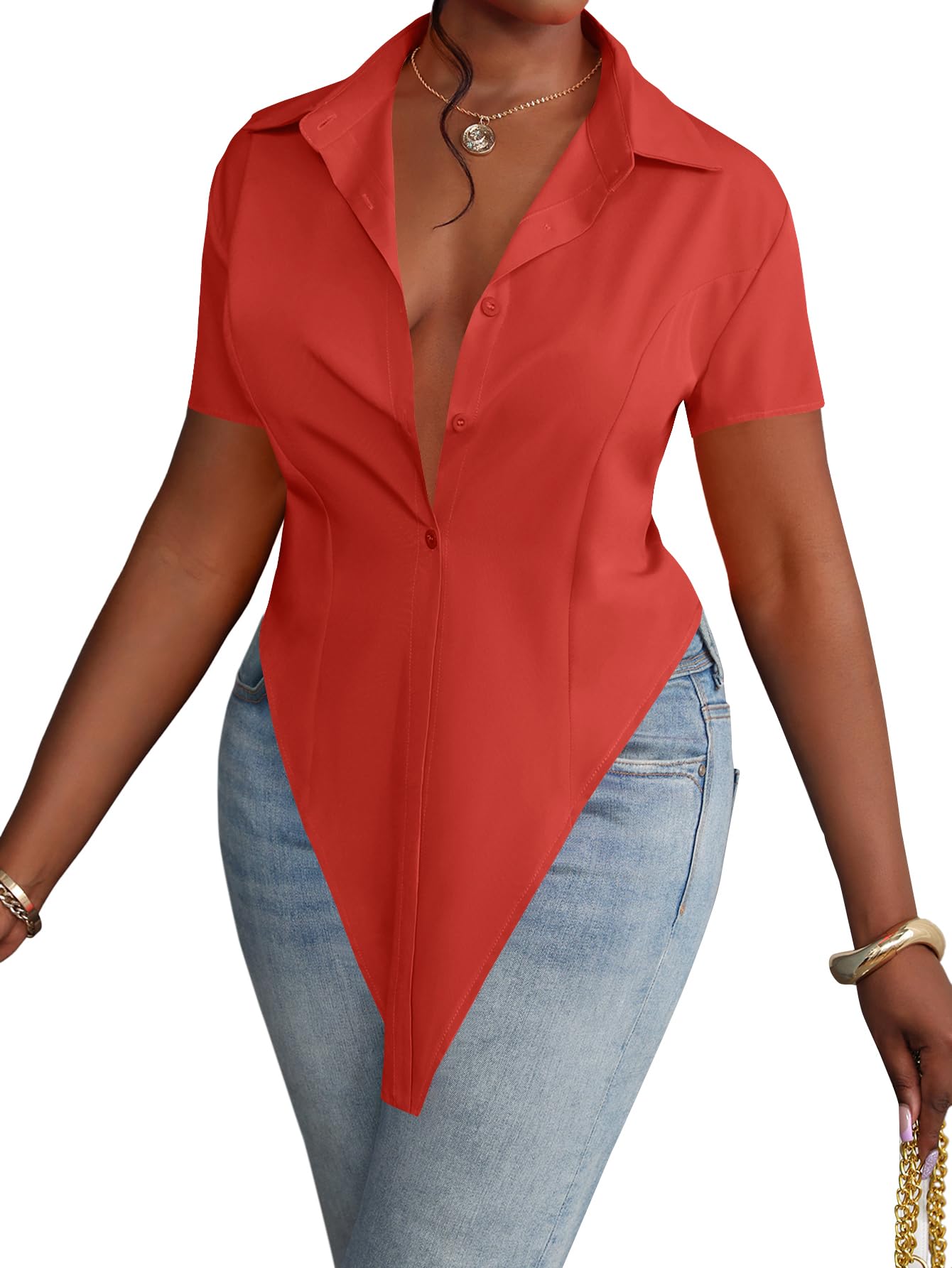 LYANER Women's Collar V Neck Button Front Short Sleeve Slit Hem Long Shirt Blous