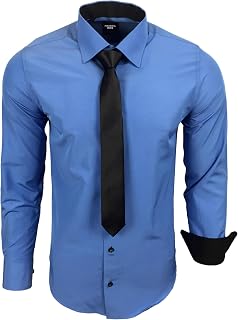 Subliminal Mode Men's Shirt Long Sleeve Plain Two-Tone Collar + Black Tie Slim Fit Business Shirt Easy Iron RN77