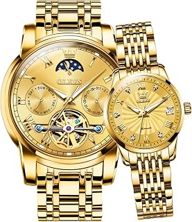 OLEVS Couple Watches Automatic Men Women Watches Set Gift Mechanical Automatic Tourbillon Big Face Dress Wrist Watch Date Calendar Two Tone Gold Couple Moon Phase Watch Set , Mechanical, Self-Winding