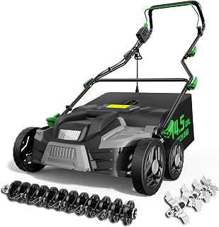 TIECTOWN 2026 Upgrade 16-Inch 15.5A Electric Dethatcher & Scarifier, Green | 2-in-1, 14.5-Gallon Collection Bag, Lawn Dethatcher with 5-Position Depth Adjustment, Keeps Lawn Healthy