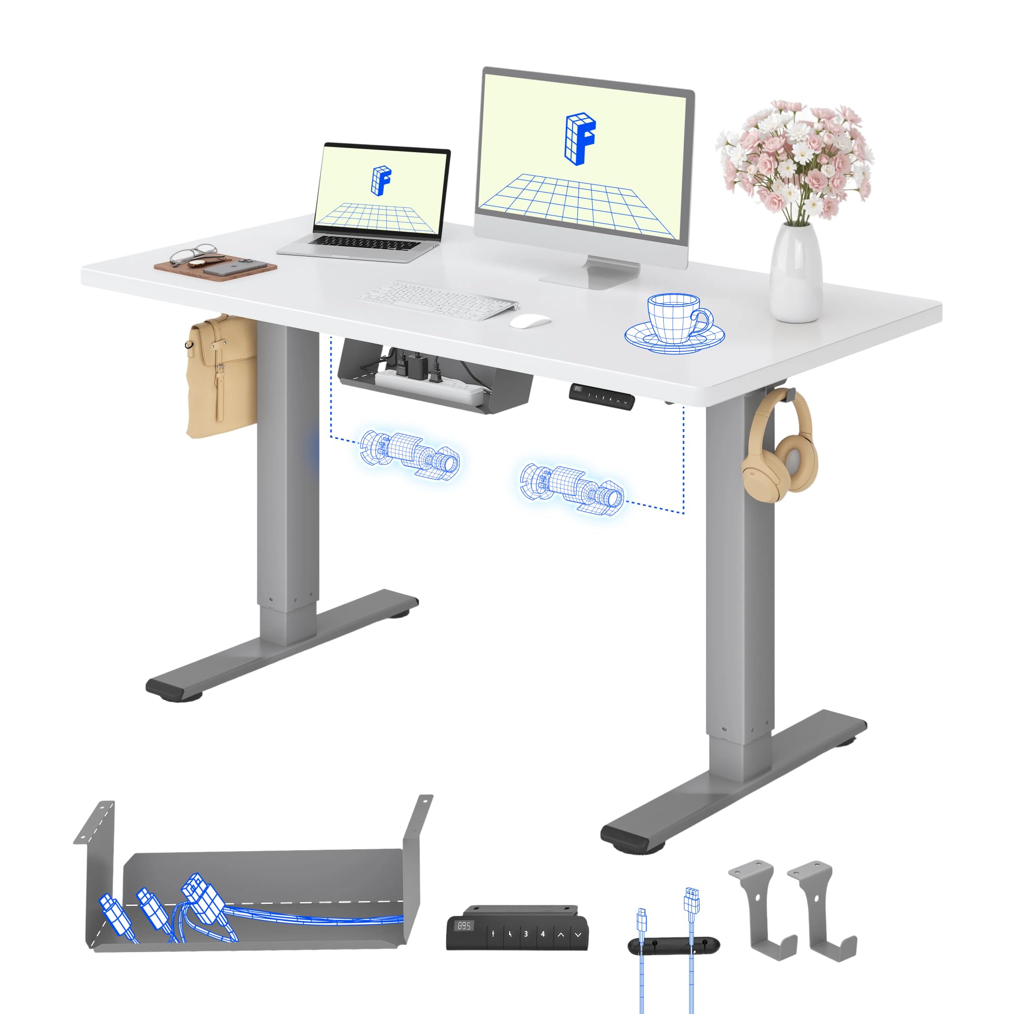 FLEXISPOT Desk Adjustable Height 120 x 60 cm, 2 Motors, Single Top 25 mm, Memory