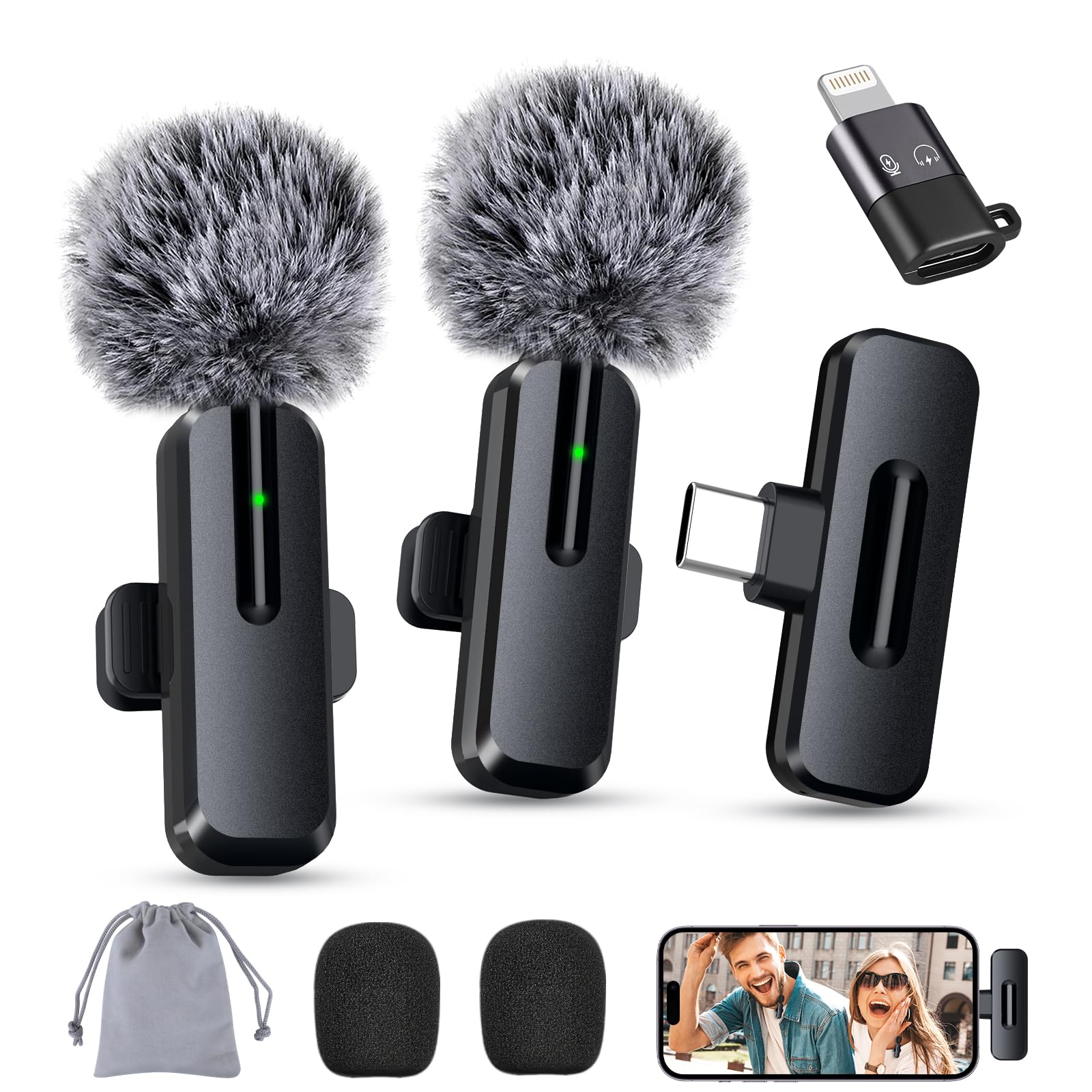 wedaniya Wireless Mini Microphone for iPhone, Android, 2 Pack Clip on Mini Mic w