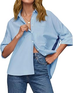Cicy Bell Camicette estive da donna oversize con bottoni, mezza manica con scollo a V, casual, alte e basse, camicette larghe