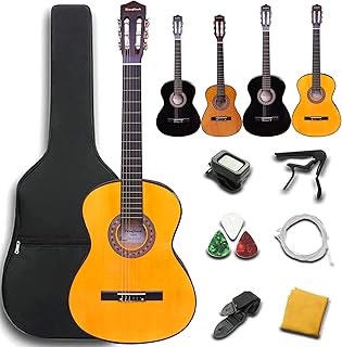 Rosefinch Classical Guitar Kit 4/4 Full Size 39 inch Acoustic Guitar Beginners Adult Kid Student Boy Girl ChildStarter Bundle with Waterproof Bag Strap Tuner Wipe Capo Picks&6 Extra Strings