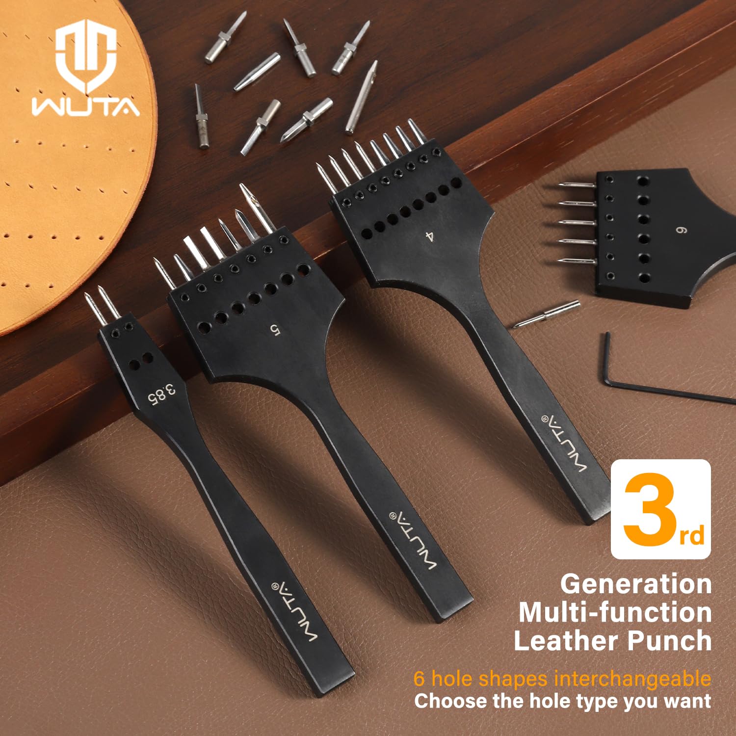 WUTA 3rd Gen Professional Leather Punch Tools, Removable Lacing Stitching Chisel