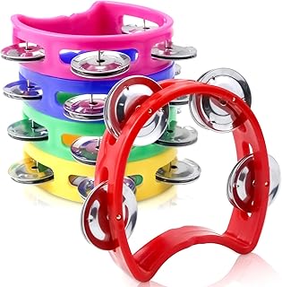 Vmiapxo 5-Pack Colored Tambourines for Kids | Plastic Hand-Held Tambourine with 4 Metal Jingle Bells, Mini Percussion Instrument, for School Music Class, Party, Carnival