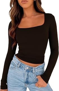 TiulZial Long Sleeve Shirt for Women - Square Neck Going Out Top Double Lined Tight T Shirts