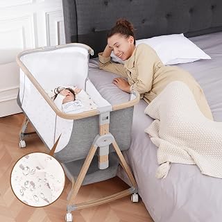 Baby Bassinet Bedside Sleeper - 3 in 1 Bassinets with Waterproof Sheet | Ergonomic Mattress and Breathable Mesh, Adjustable Height Bedside Bassinet for Baby with Wheels, Storage Basket, Gray
