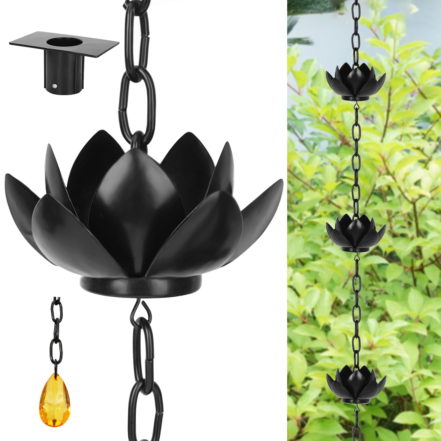 Rifachua 8.5ft Black Lotus Rain Chain for Gutter Downspout Outside | 12 Black Lo