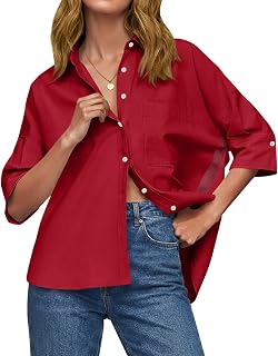 Cicy Bell Camisas de verano de gran tamaño con botones para mujer, de media manga, cuello en V, para negocios, informales, asimétricas, holgadas