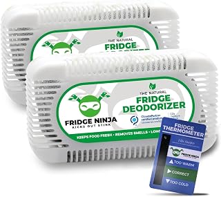 Fridge Ninja Fridge Deodorizer, Activated Charcoal Odor Absorber, 2 Pack | Refrigerator & Freezer Odor Eliminator, 120 g Coconut Shell Charcoal, Unscented, Includes Fridge Thermometer Card