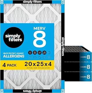 Simply 20x25x4 Air Filter, MERV 8, 4 Pack, Furnace Air Filter for HVAC (Actual Size:19.5"x24.5"x3.63") DUST, Pet, & Allergy Control