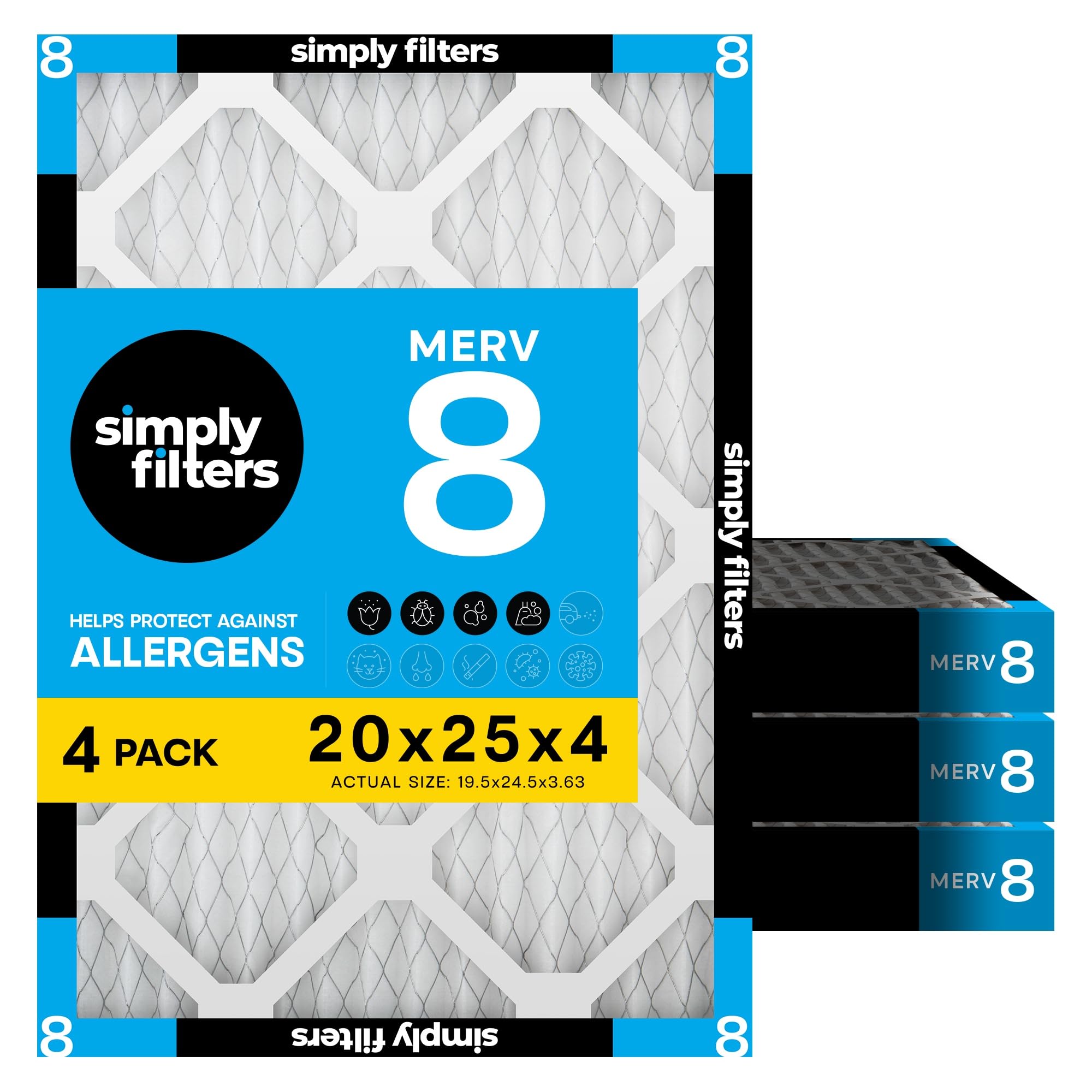Simply 20x25x4 Air Filter, MERV 8, 4 Pack, Furnace Air Filter for HVAC (Actual S