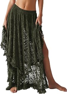 Yimoon Women Floral Lace Long Skirt Elastic Asymmetric Layered See Through Maxi Skirt Sexy Sheer Flowy Beach Skirt