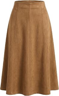Seta T Women's Faux Suede Skirts A-Line Midi Skirt Fall Winter with Pockets
