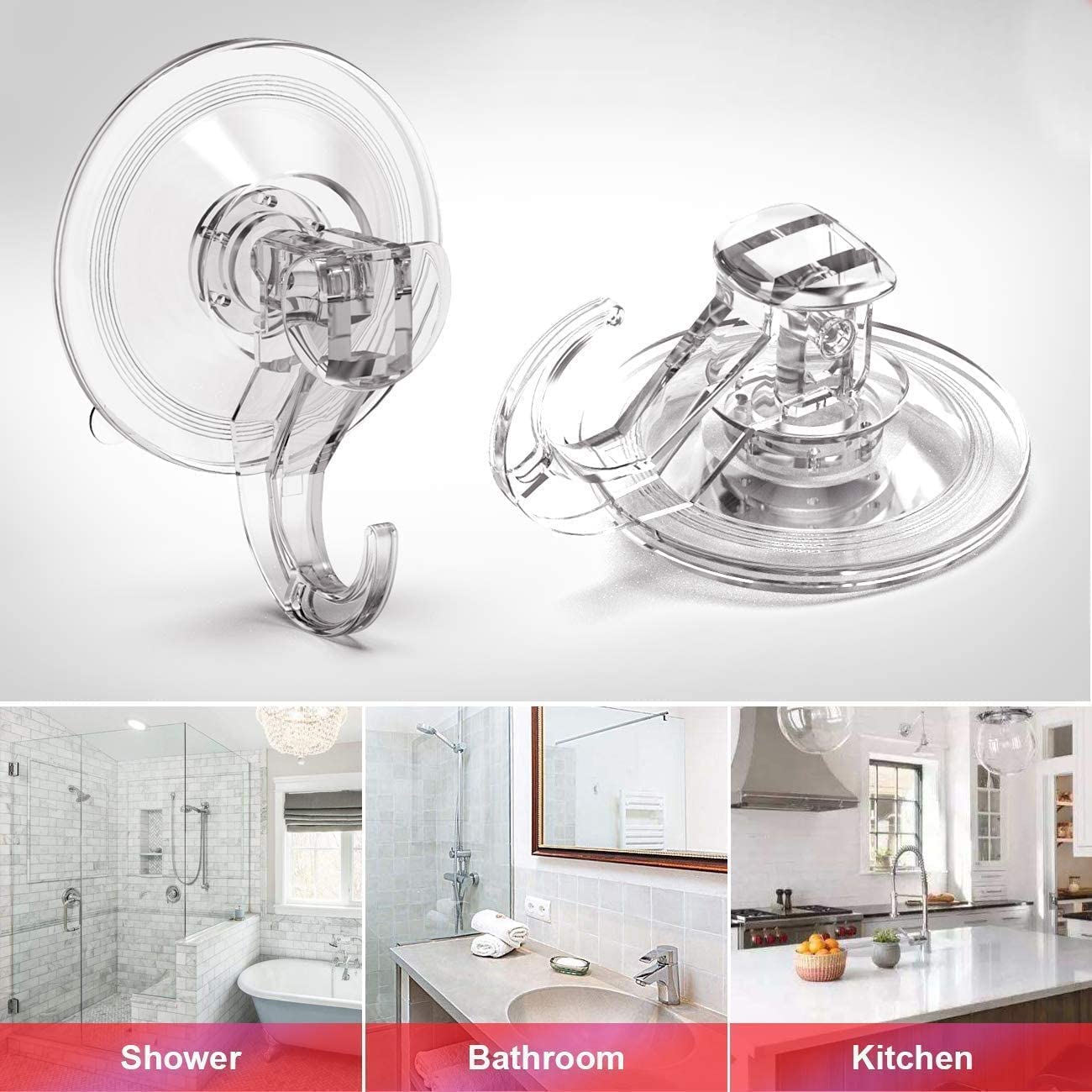 Elegear Suction Hooks for Bathroom, Max 3Kg Heavy Duty, 4 Pack, Clear