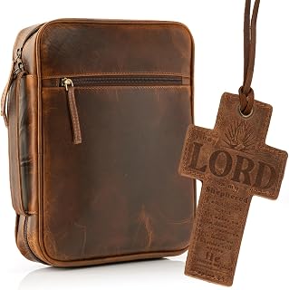 ELIZO Leather Bible Cover for Men Bible Case Women Holder Carrying Organizer Wrap Sleeve Protector Christian Religious Gift Cross Bookmark – Large Antique