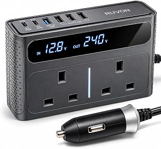 RUVON 200W Car Power Inverter 12V to 240V | 2 UK Plug Sockets, 65W USB-C PD, QC3.0 Fast Charging, Digital Voltage Display, Car Plug Adapter for Phones, Van, Caravan