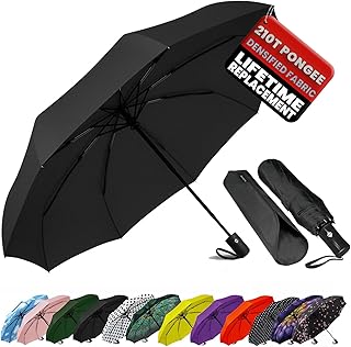 SIEPASA Compact Travel Umbrella - Windproof Auto Open/Close, Small Folding Umbrella for Rain - Lightweight & Durable with Fiberglass Frame, Waterproof Canopy - Fits Backpack, Purse, Suitcase. (Black)