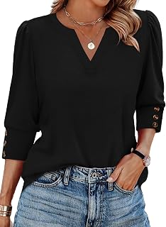 WIHOLL 3/4 Length Sleeve Womens Tops with Button Cuffs Dressy Casual V Neck Summer Outfits Early Fall Fashion Spring Clothes