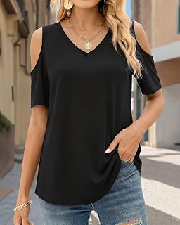 Women's Short Sleeve T Shirts Cold Shoulder Ruched Tops Oversized V Neck Blouse Tunic Shirts